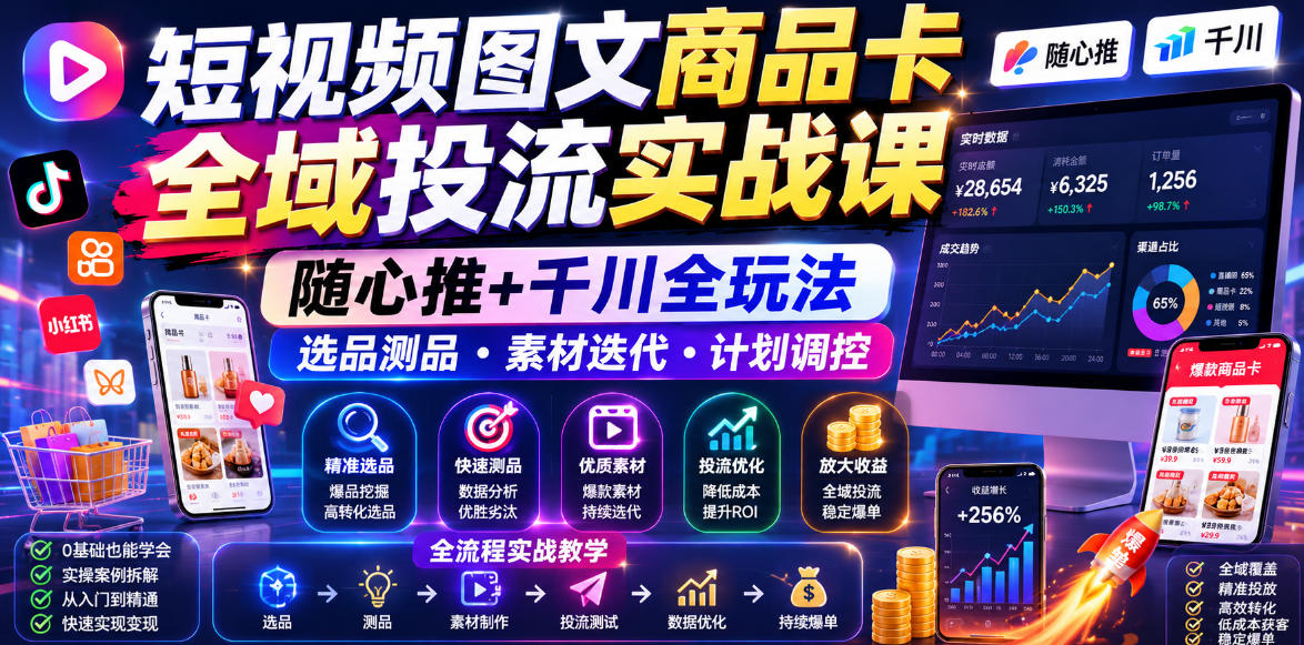 短视频图文商品卡全域投流实战课，随心推+千川全玩法，选品测品・素材迭代・计划调控，提升ROI爆单增收教程
